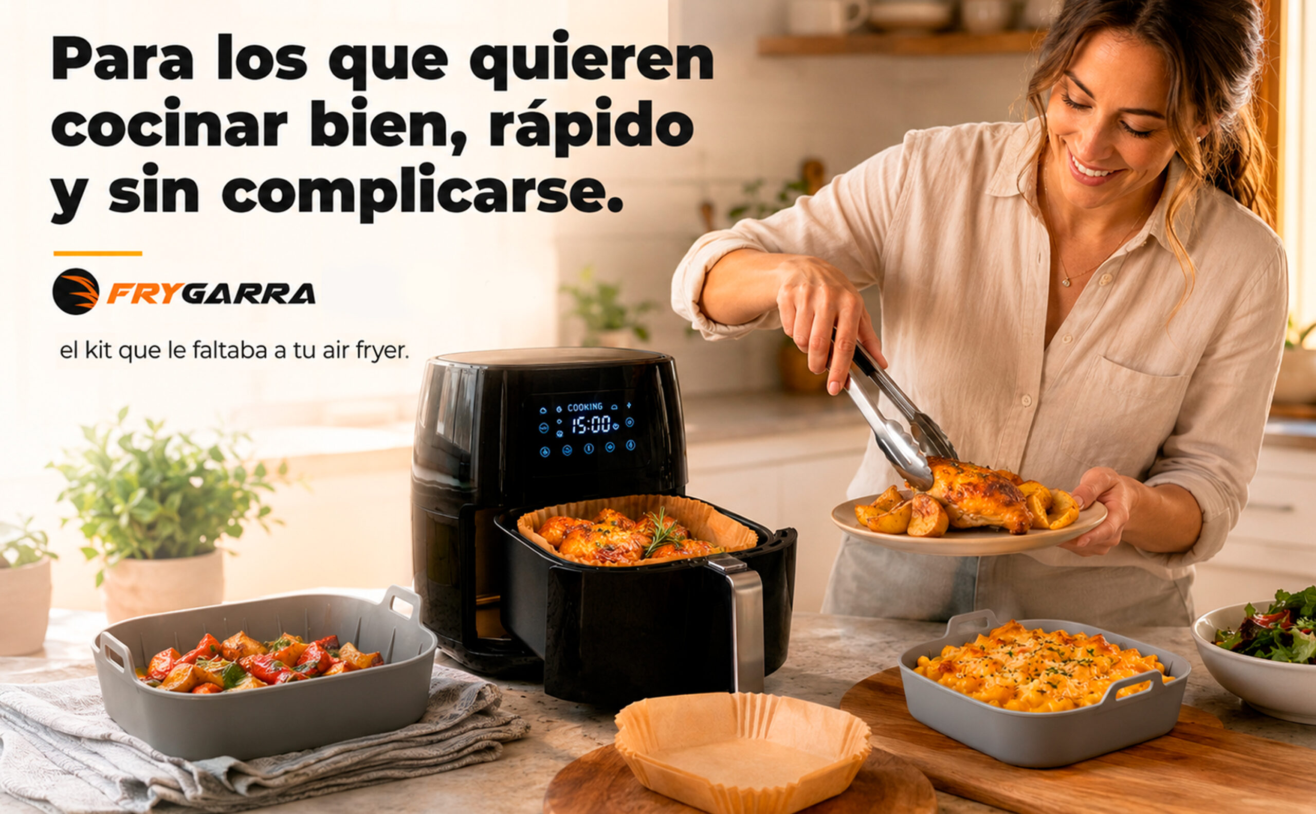 Persona-en-cocina-ordenada-sirviendo-comida-preparada-con-air-fryer-y-accesorios-Frygarra