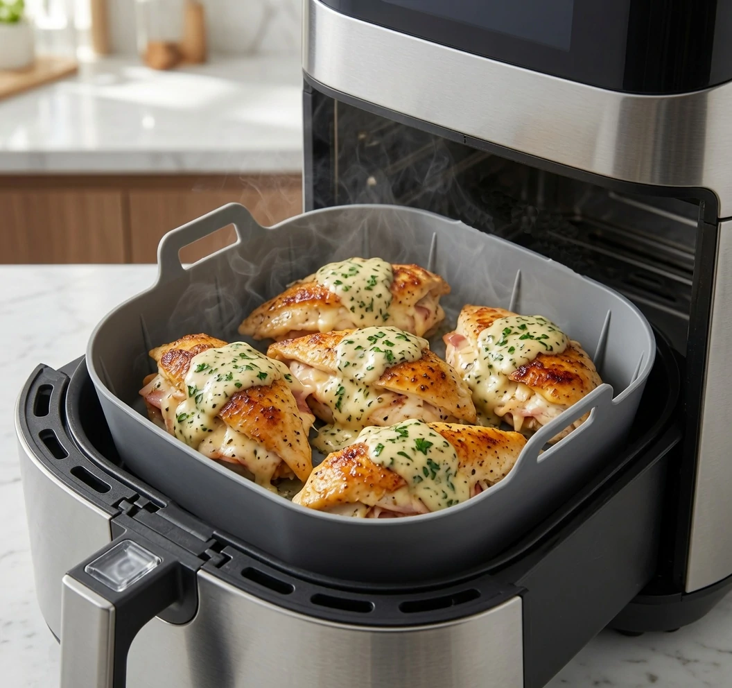 Apilar alimentos en el air fryer: cesta con alimentos en una sola capa