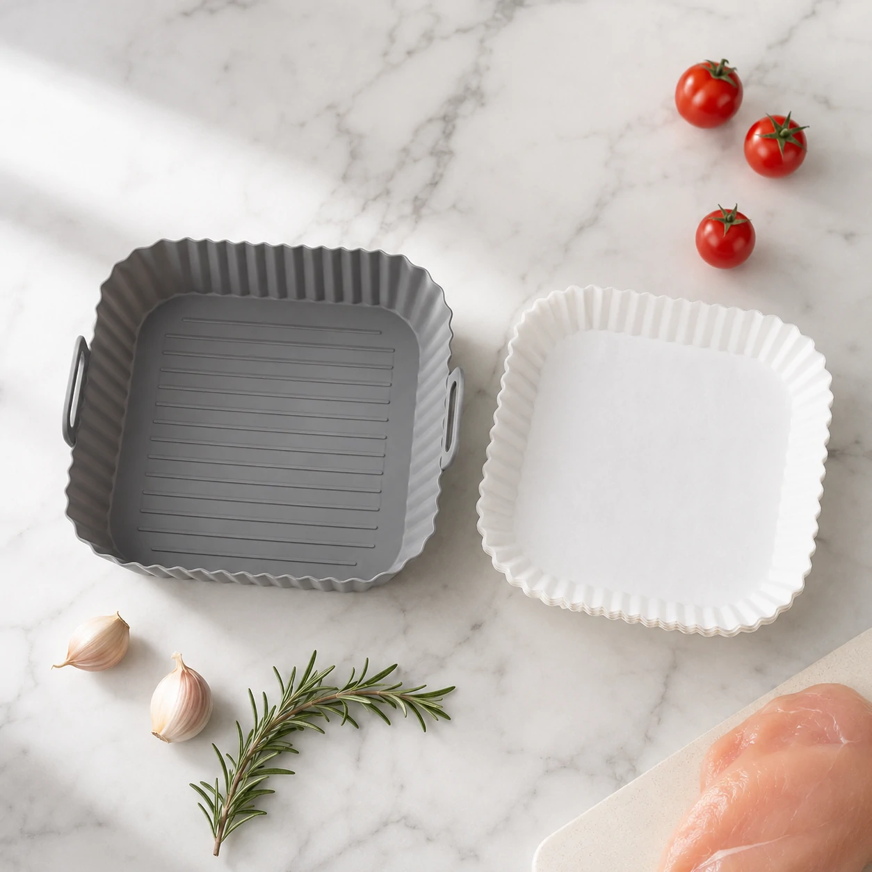 accesorios air fryer freidora de aire accesorios air fryer: molde de silicona y papel desechable Frygarra sobre encimera