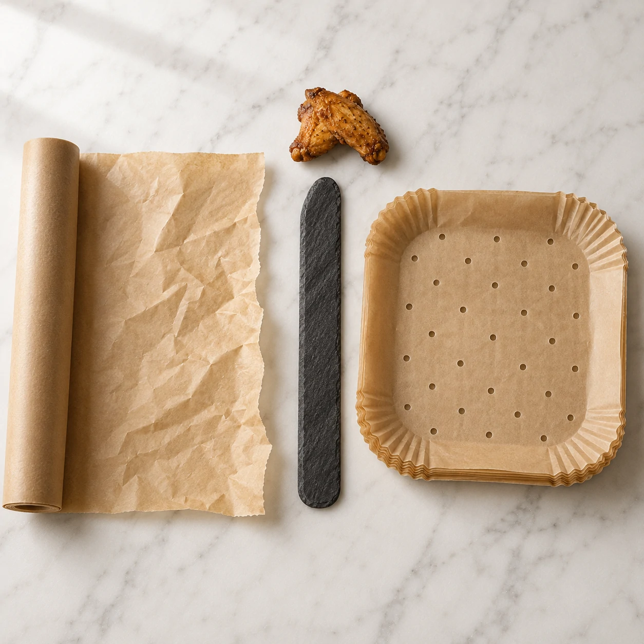 papel de horno en air fryer ALT TEXT: papel de horno en air fryer: rollo de papel junto a cesta de freidora de aire