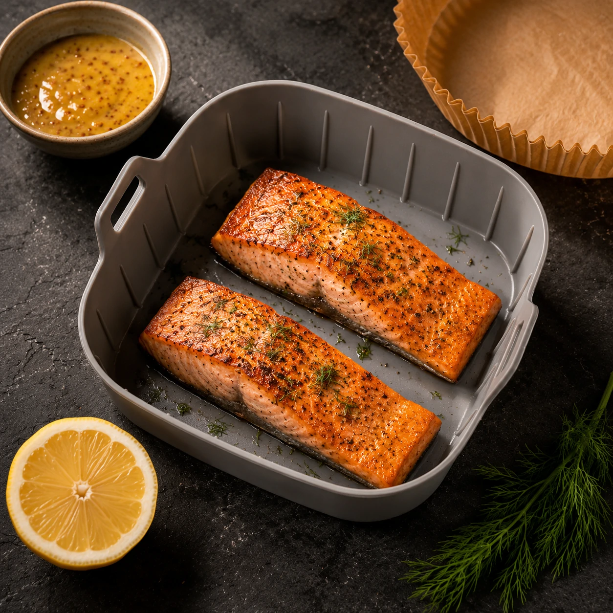 salmón en air fryer jugoso con especias sobre molde de silicona Frygarra